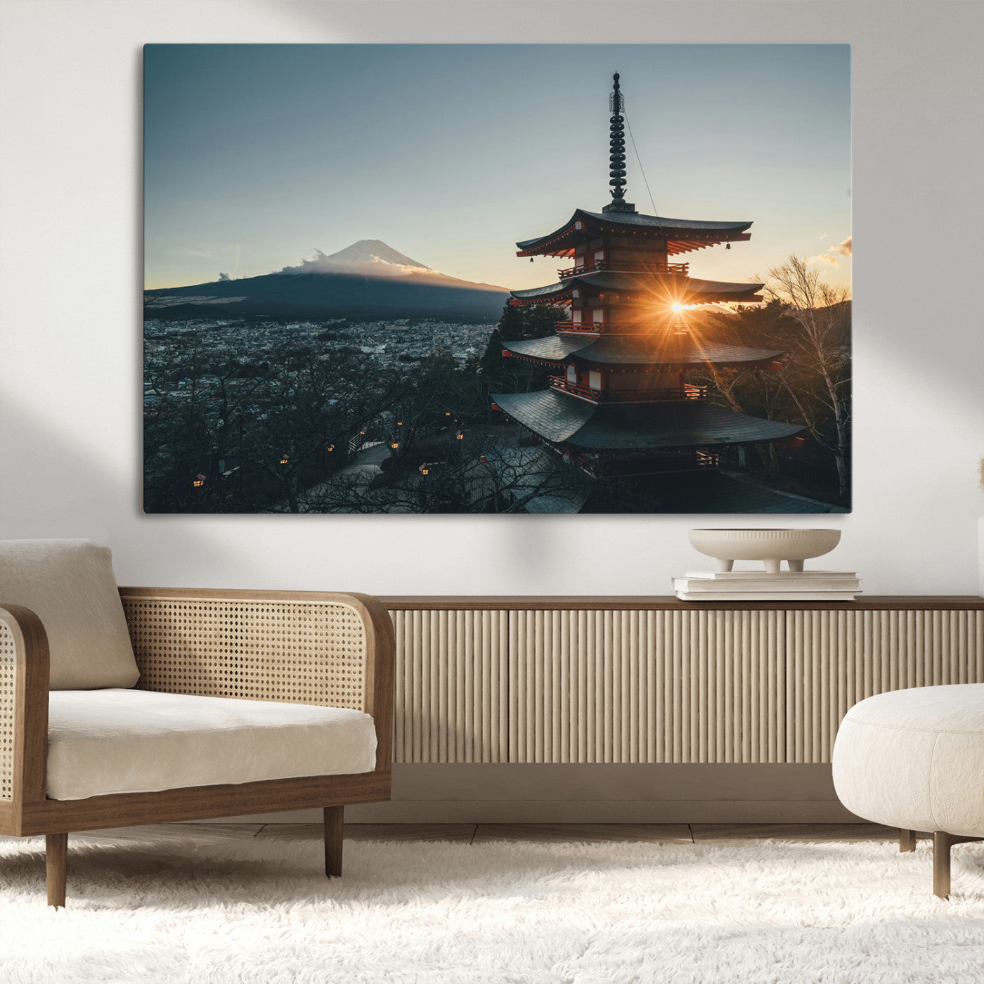 Chureito Pagoda at sunset with Mount Fuji in the background, city lights below, and golden sun rays, ideal for Japanese-inspired wall art.