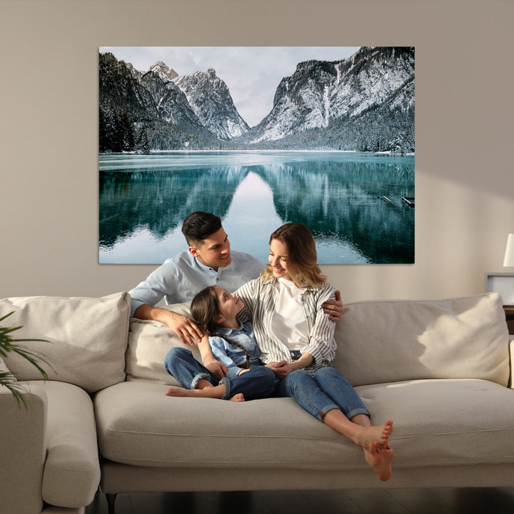 Mountain Lake Wall Art Canvas Print, Framed Winter Wonderland Art Picture Print, Snowy Peaks Perfect Modern Nature Decor Artwork