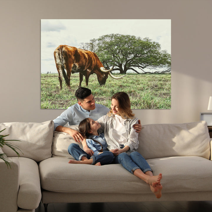 Texas Longhorn Wall Art Canvas Print, Framed Rustic Ranch Art Picture Print, Western Cattle Perfect Rustic Farmhouse Decor Artwork