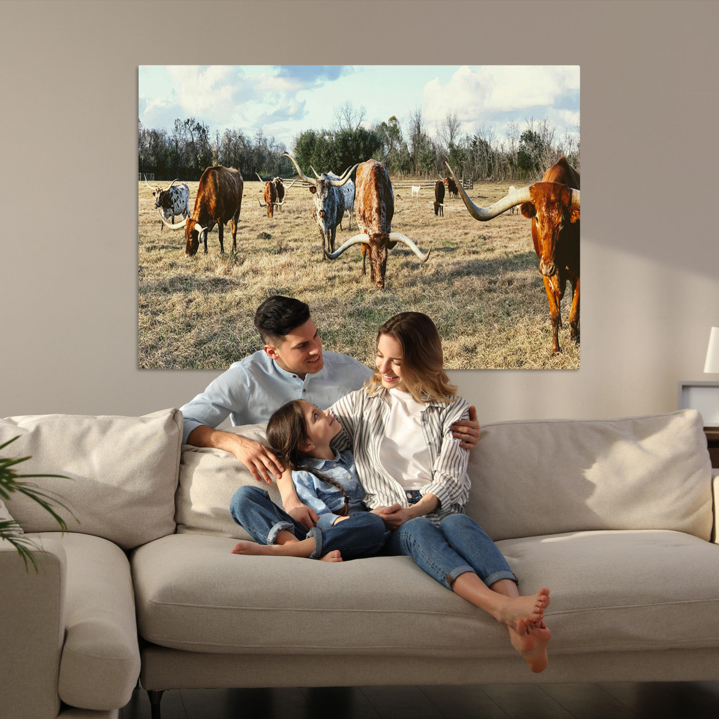 Texas Longhorns Wall Art Canvas Print, Framed Rustic Farm Scene Art Picture Print, Western Cattle Print Canvas Perfect Rustic Farmhouse