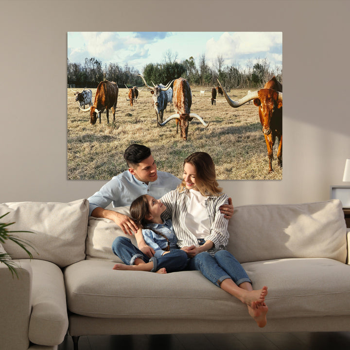Texas Longhorns Wall Art Canvas Print, Framed Rustic Farm Scene Art Picture Print, Western Cattle Print Canvas Perfect Rustic Farmhouse