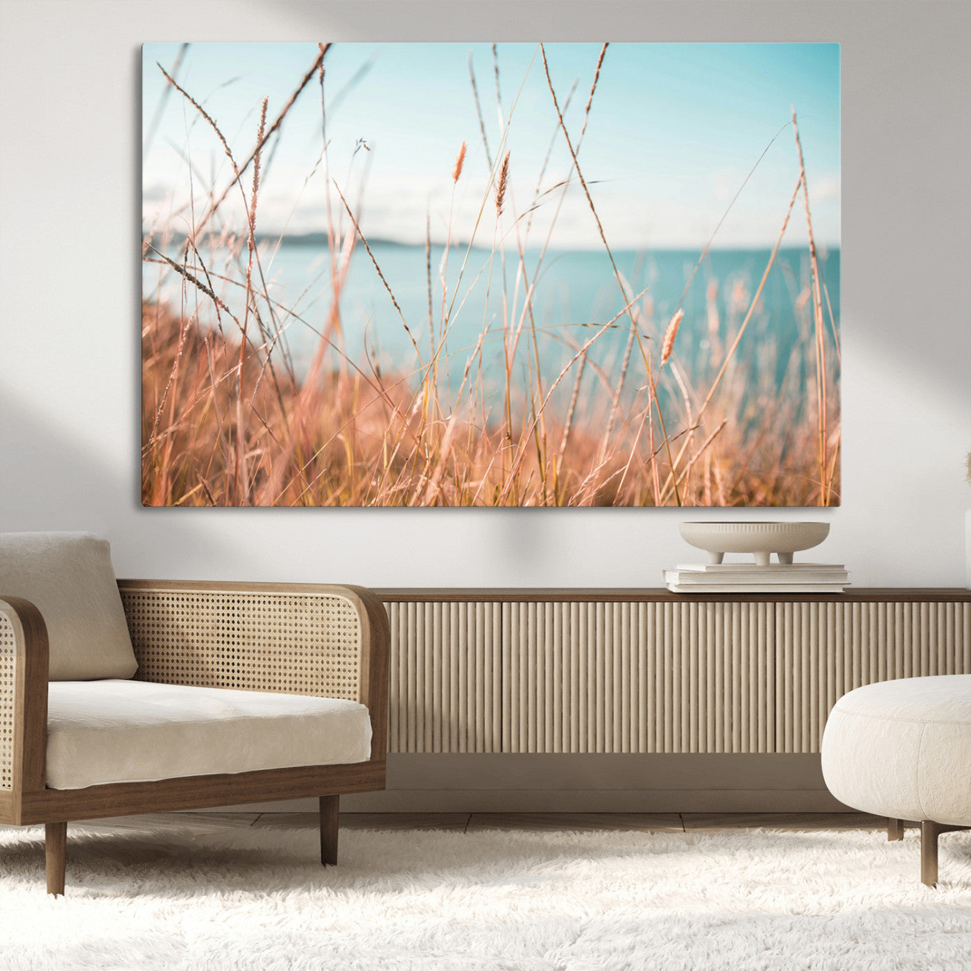 36108696-MGV-CV-36X24-Golden Beach Grass Ocean Breeze Soft Focus Tranquil Coastal Calm Blue Sky Seascape Nature Wall Art Canvas Print