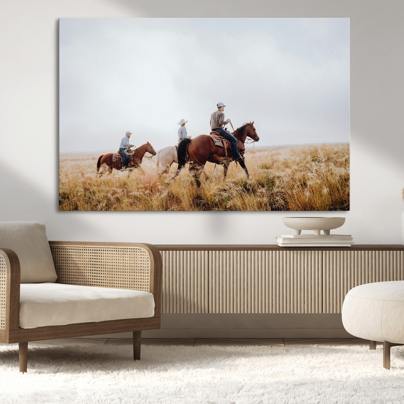 Three cowboys riding horses through a foggy prairie landscape, dressed in Western attire, evoking a rustic and adventurous Wild West aesthetic.