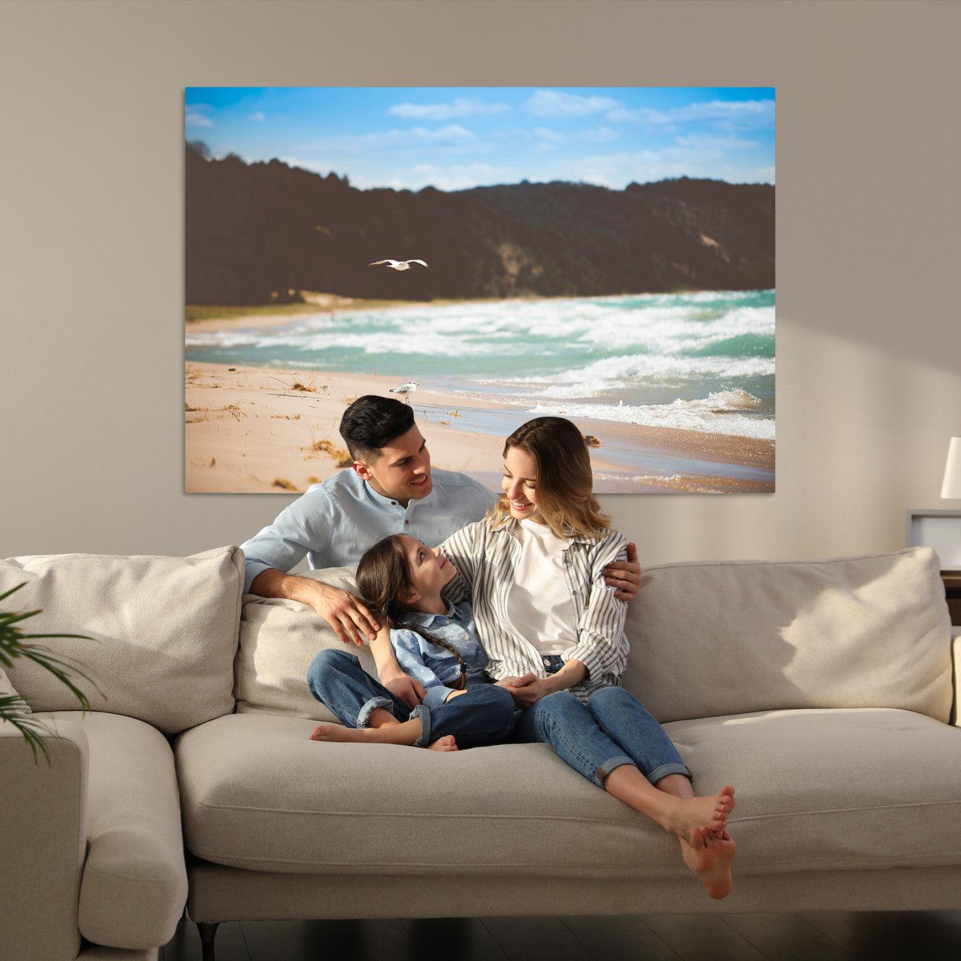 Tranquil Beach Scene Wall Art Canvas Print, Framed Blue Ocean Waves Art Picture Print, Sandy Coastline Perfect Coastal Cottage Decor Artwork