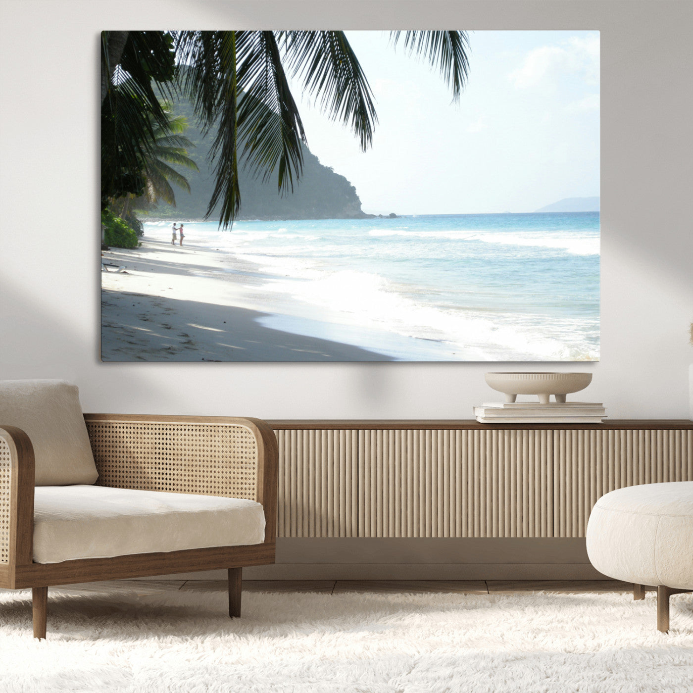 Tropical beach with palm tree shadows, white sand, and turquoise ocean waves, creating a serene and relaxing island escape atmosphere.