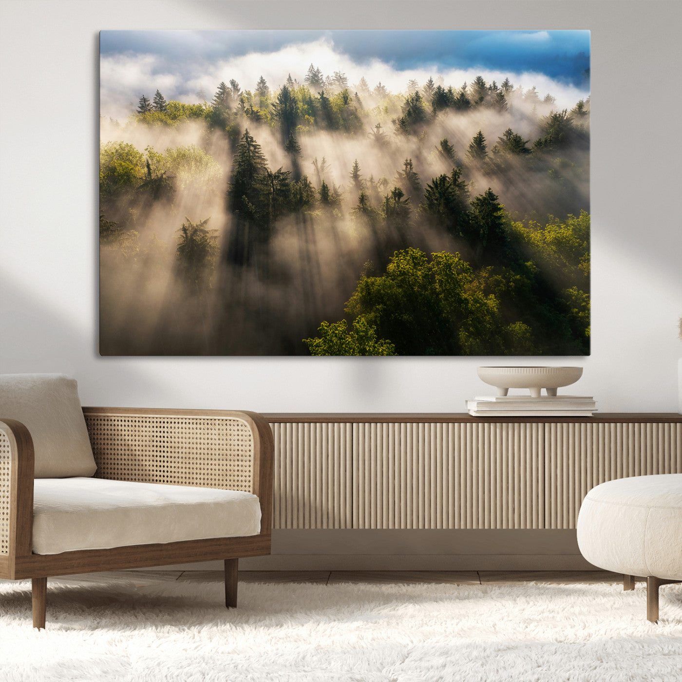Sunlight streaming through misty pine trees in a lush green forest, creating a serene and atmospheric landscape, perfect for nature-inspired decor.