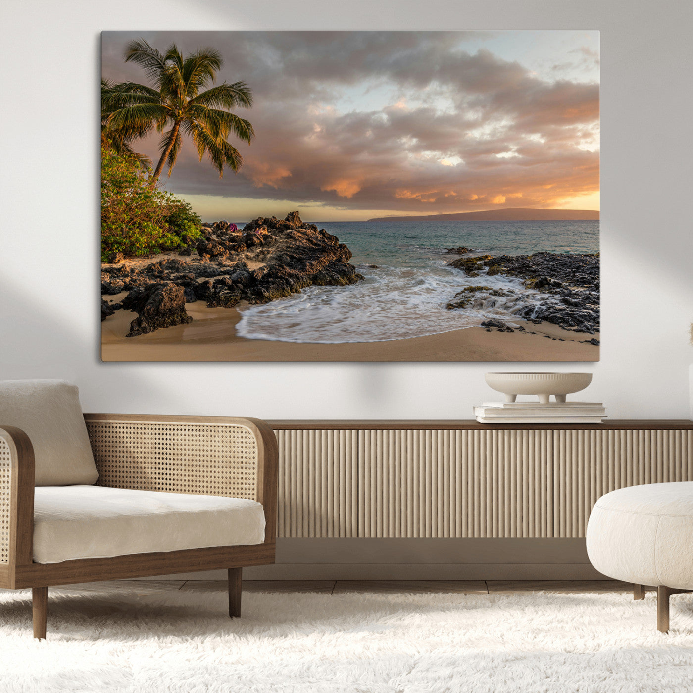 Golden sunset over a tropical beach with palm trees, rocky shoreline, and gentle ocean waves, perfect for coastal and island-inspired decor.