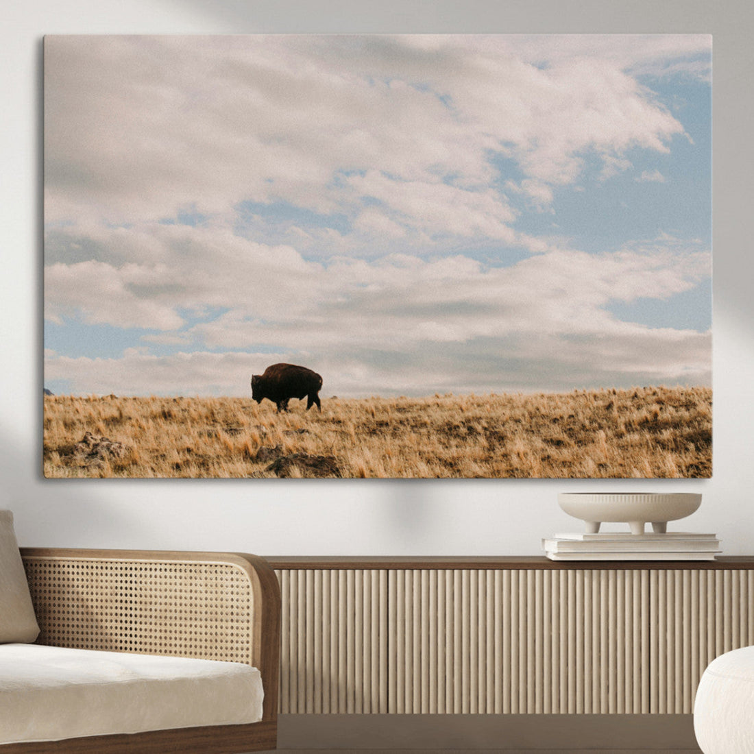 American Wild Bison Wall Art Canvas Print, Framed Rustic Nature Scene with Solitary Buffalo