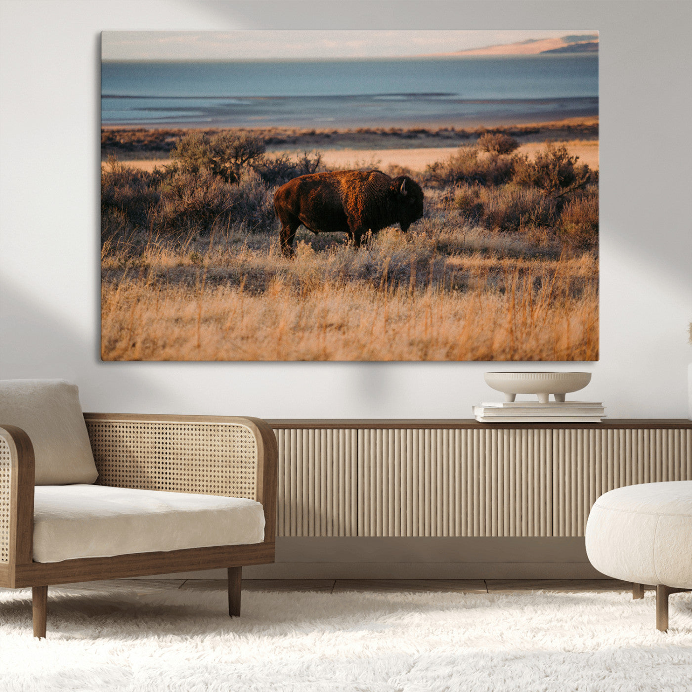 A lone bison grazing in golden prairie grass at sunset, with warm earthy tones and a distant lake view, perfect for rustic and western decor.