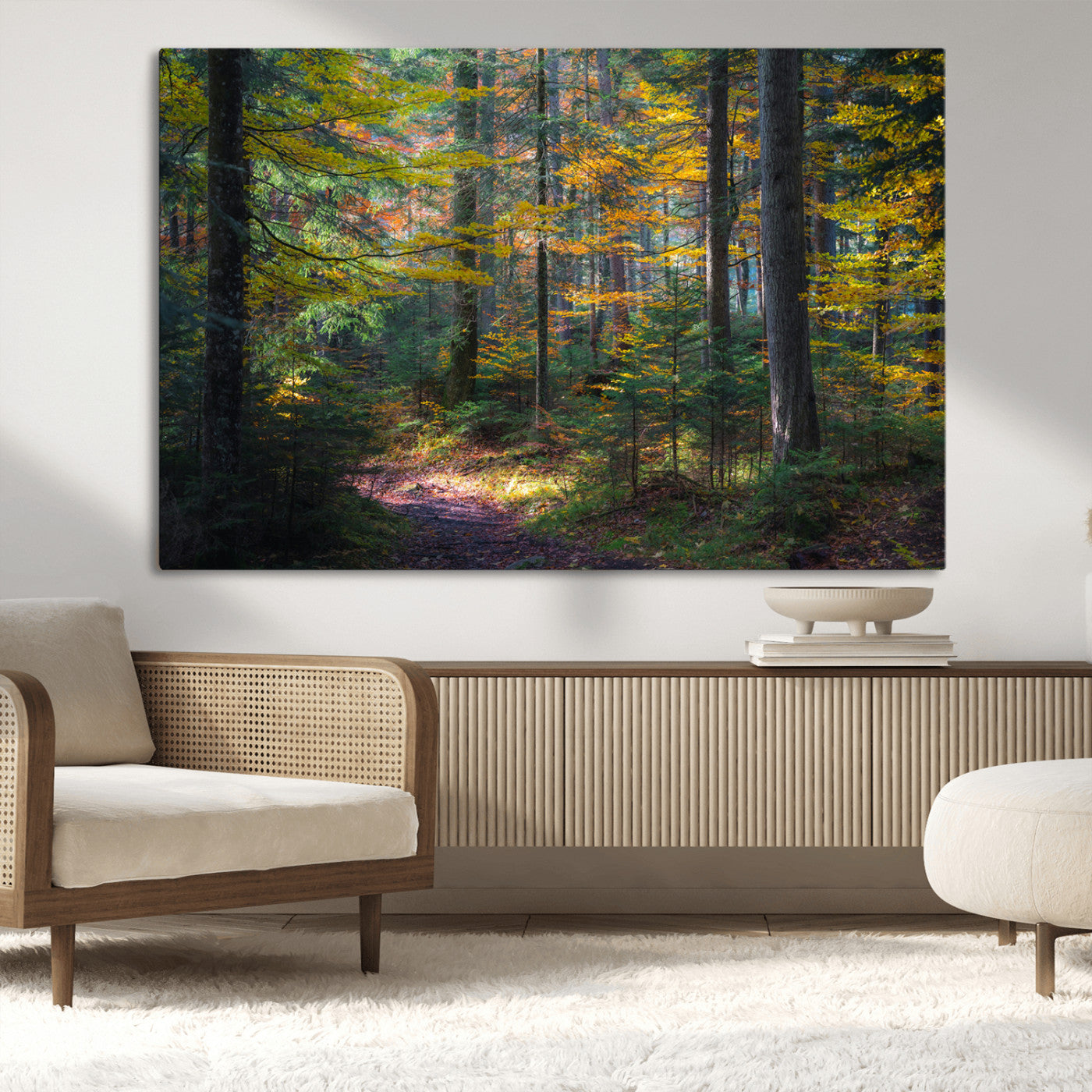 A serene autumn forest with golden and green leaves, a misty atmosphere, and a sunlit pathway, creating a tranquil nature-inspired wall art piece.