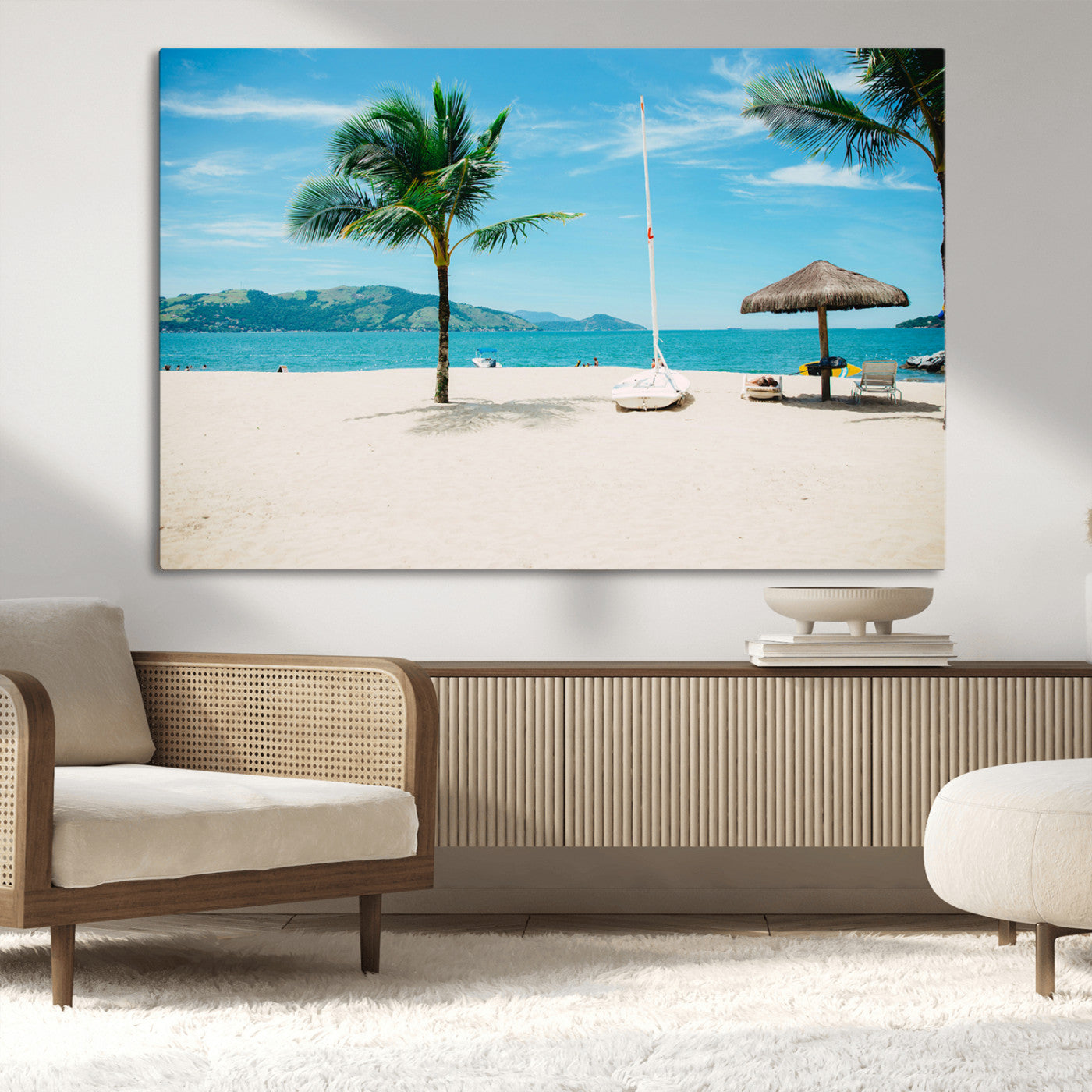Tropical beach scene with palm trees, a white sailboat, and turquoise ocean waters under a bright blue sky, creating a peaceful summer vibe.