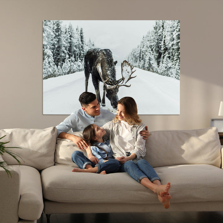 Moose in Snow Wall Art Canvas Print, Framed Winter Wildlife Art Picture Print, Snowy Forest Scene Perfect Rustic Lodge Decor Artwork