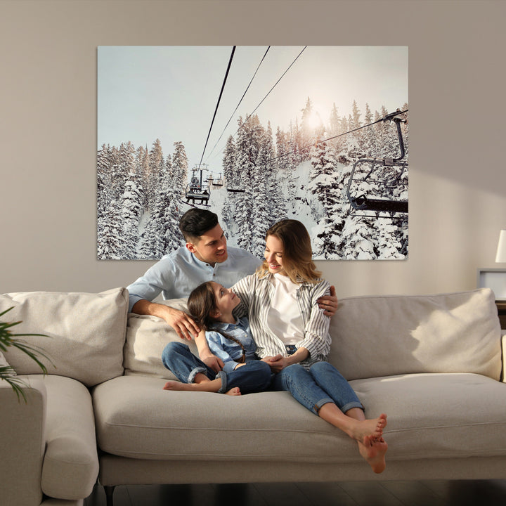 Frosty Pines Wall Art Canvas Print, Framed Cozy Cabin View Art Picture Print, Ski Lift Ride Perfect Rustic Lodge Decor Artwork