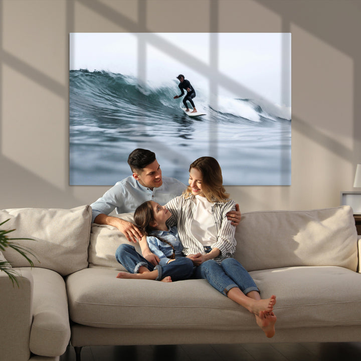 Surfer on Wave Wall Art Canvas Print, Ocean Adventure Print, Framed Motion Blur Water Art Print, Large Deep Blue Surf Printing