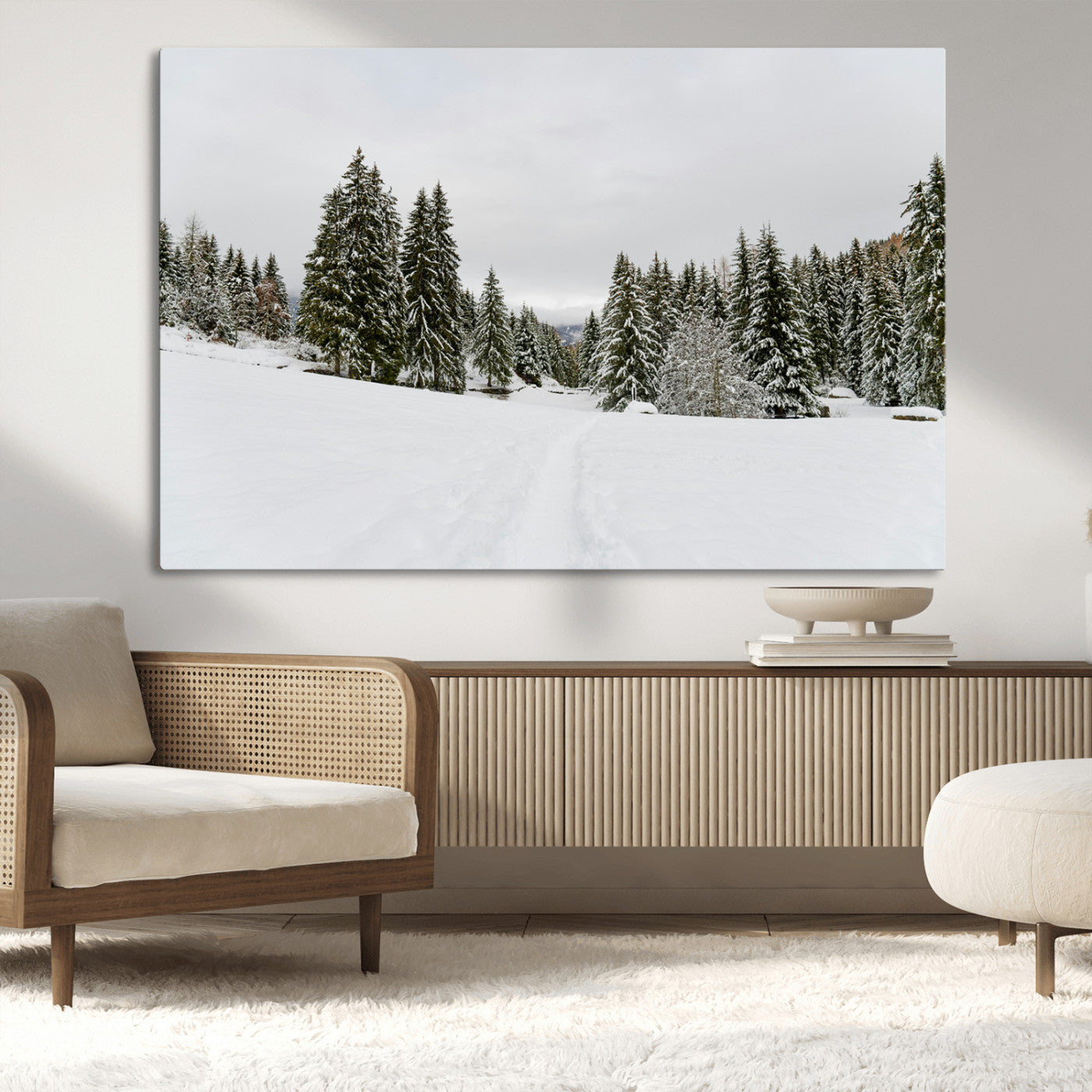 MGV-CV-36X24 - Frosty Pines Wall Art Canvas Print, Framed Silent Snowfall Art Picture Print, Cozy Cabin Vibes Perfect Nordic Minimalist Decor Artwork