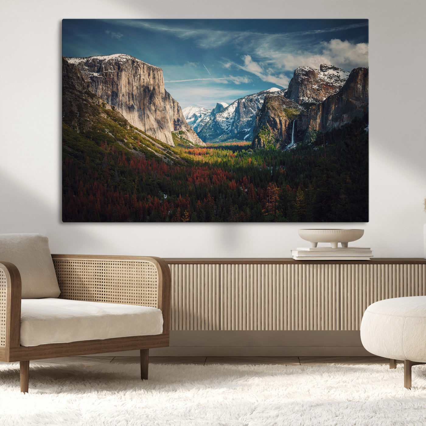 Framed canvas print of Yosemite National Park, featuring El Capitan and a scenic waterfall, ideal for rustic farmhouse or adventure-themed home decor.