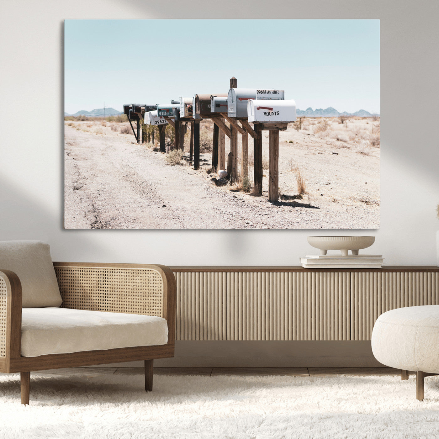 MGV-CV-36X24 - Desert Mailboxes Canvas Print – Minimal Western Landscape Photography, Rustic Americana Wall Art for