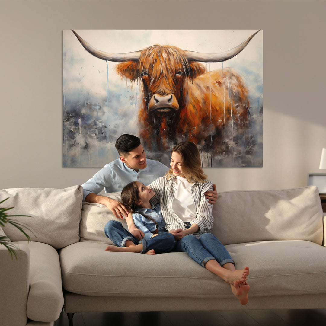 Scottish Highland Wall Art Canvas Print, Framed Longhorn Art Picture Print, Western Cow Perfect Farmhouse Decor Artwork