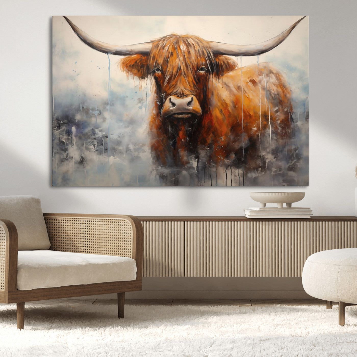 MGV-CV-36X24 - Scottish Highland Wall Art Canvas Print, Framed Longhorn Art Picture Print, Western Cow Perfect Farmhouse Decor Artwork