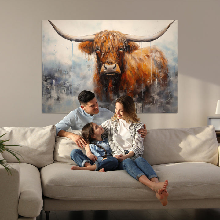 Scottish Highland Wall Art Canvas Print, Framed Longhorn Art Picture Print, Western Cow Perfect Farmhouse Decor Artwork