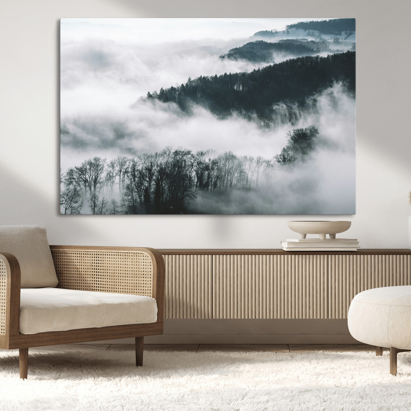 67569654-MGV-CV-36X24-Foggy Forest Landscape Wall Art Canvas Print – Misty Mountain Valley Scene in Monochrome Tones, Perfect for Minimalist or Nordic Home Decor