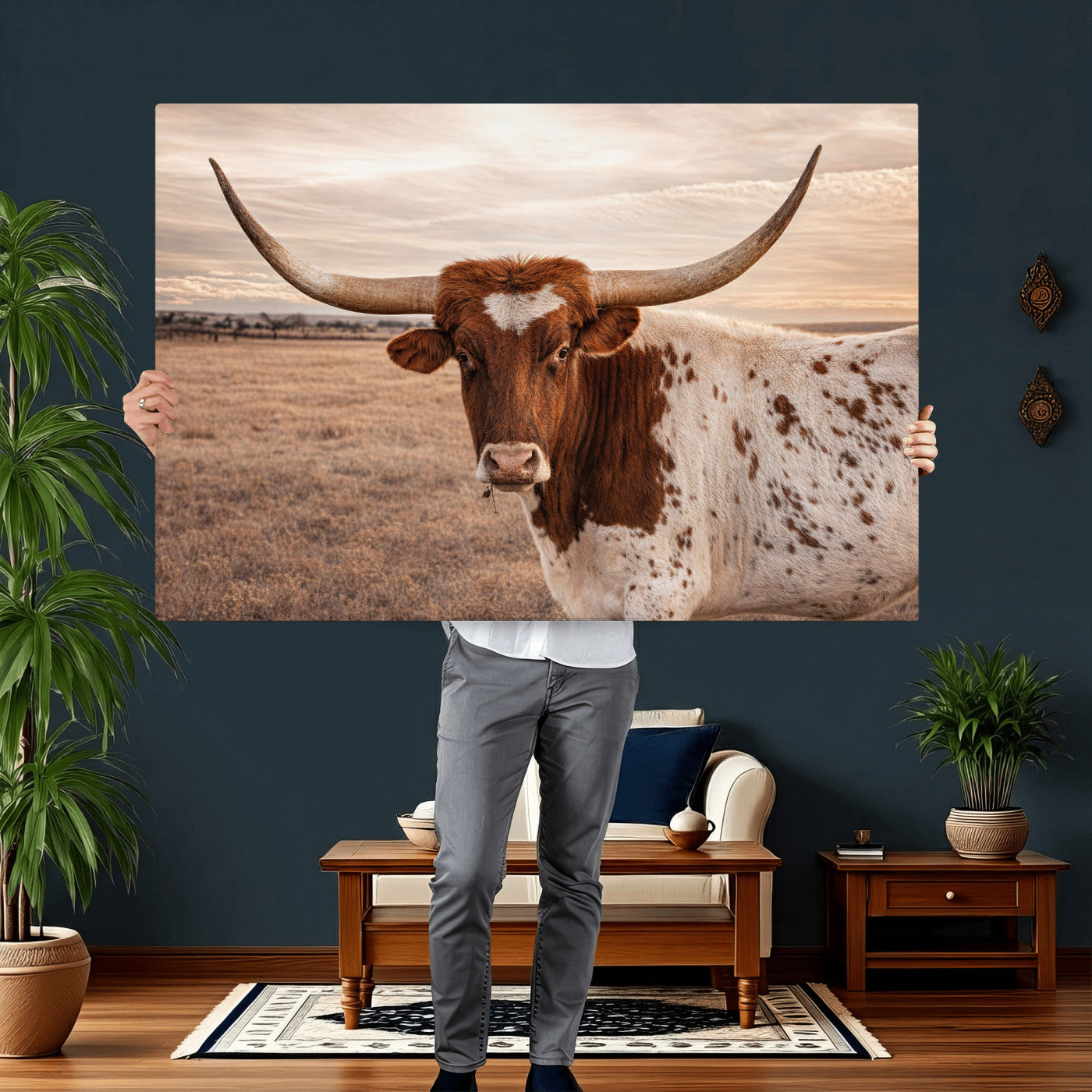 95745718-MGV-CV-36X24 - Longhorn Cow Wall Art – Texas Bull Canvas Print, Rustic Farm Cattle Photography, Western Animal Decor for Country Home, Living Room or Game Room