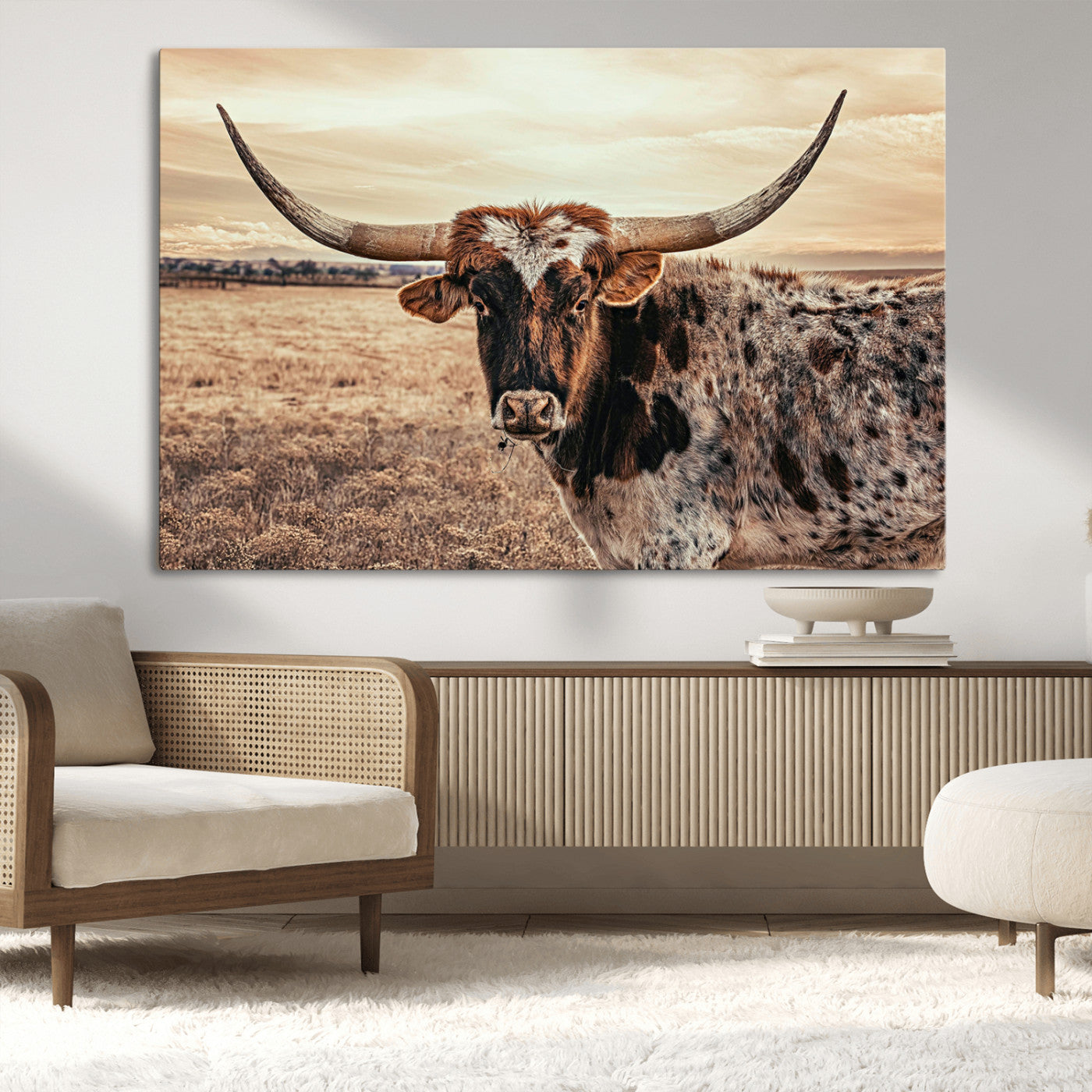 Close-up of a longhorn cow with distinctive curved horns standing in a dry grass field under a cloudy sky.