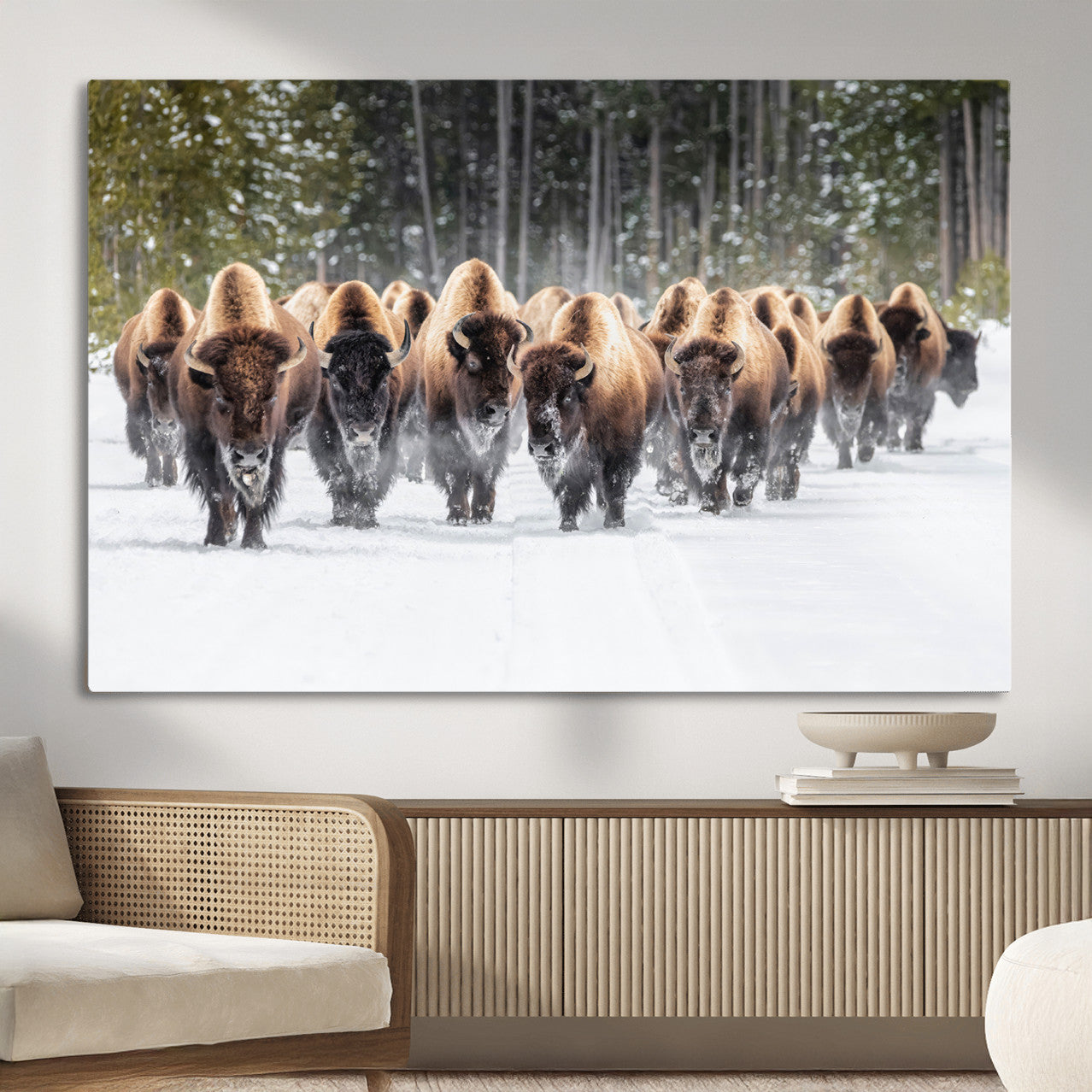 96906195-MGV-CV-36X24 - American Bison Herd Snow Canvas Wall Art – Powerful Winter Wildlife Print of Buffalo Motion, Rustic Lodge or Western Cabin Decor for Living Room, Office