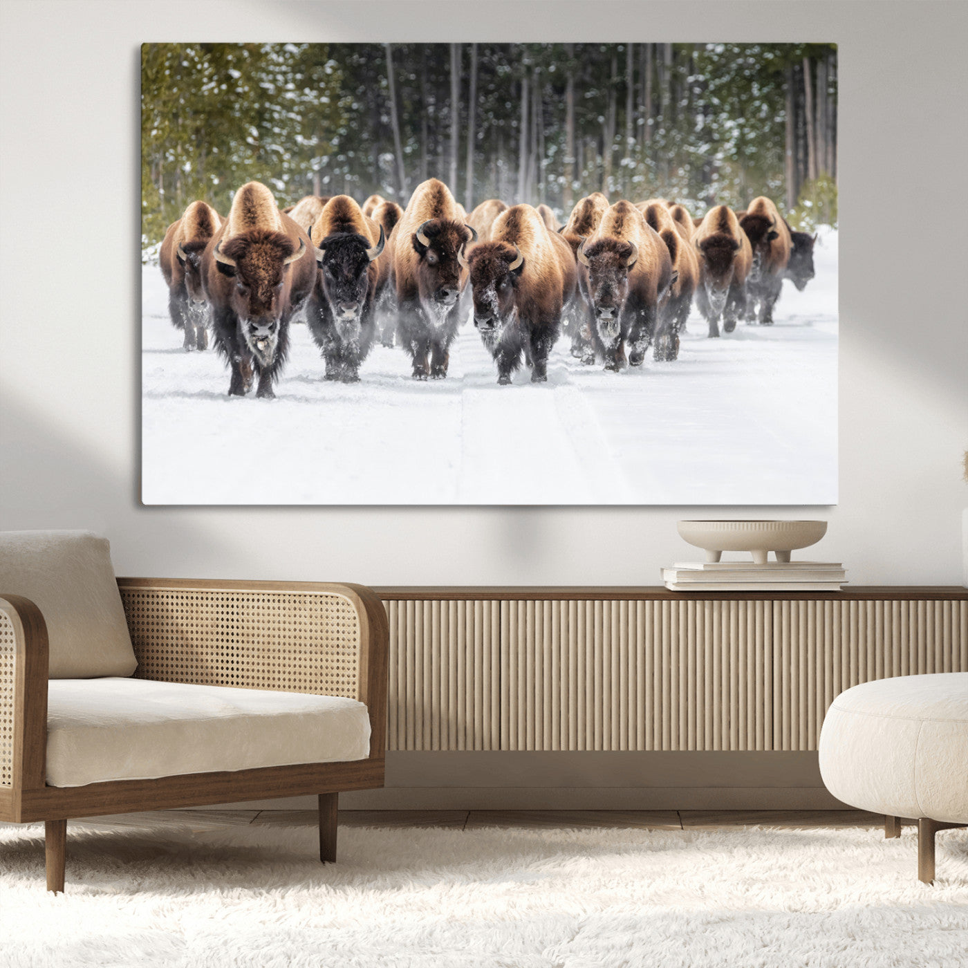 American Bison Herd in Snow Wall Art Canvas Print – Powerful Winter Wildlife Scene with Buffalo in Motion, Perfect for Rustic Lodge or Western Cabin Decor