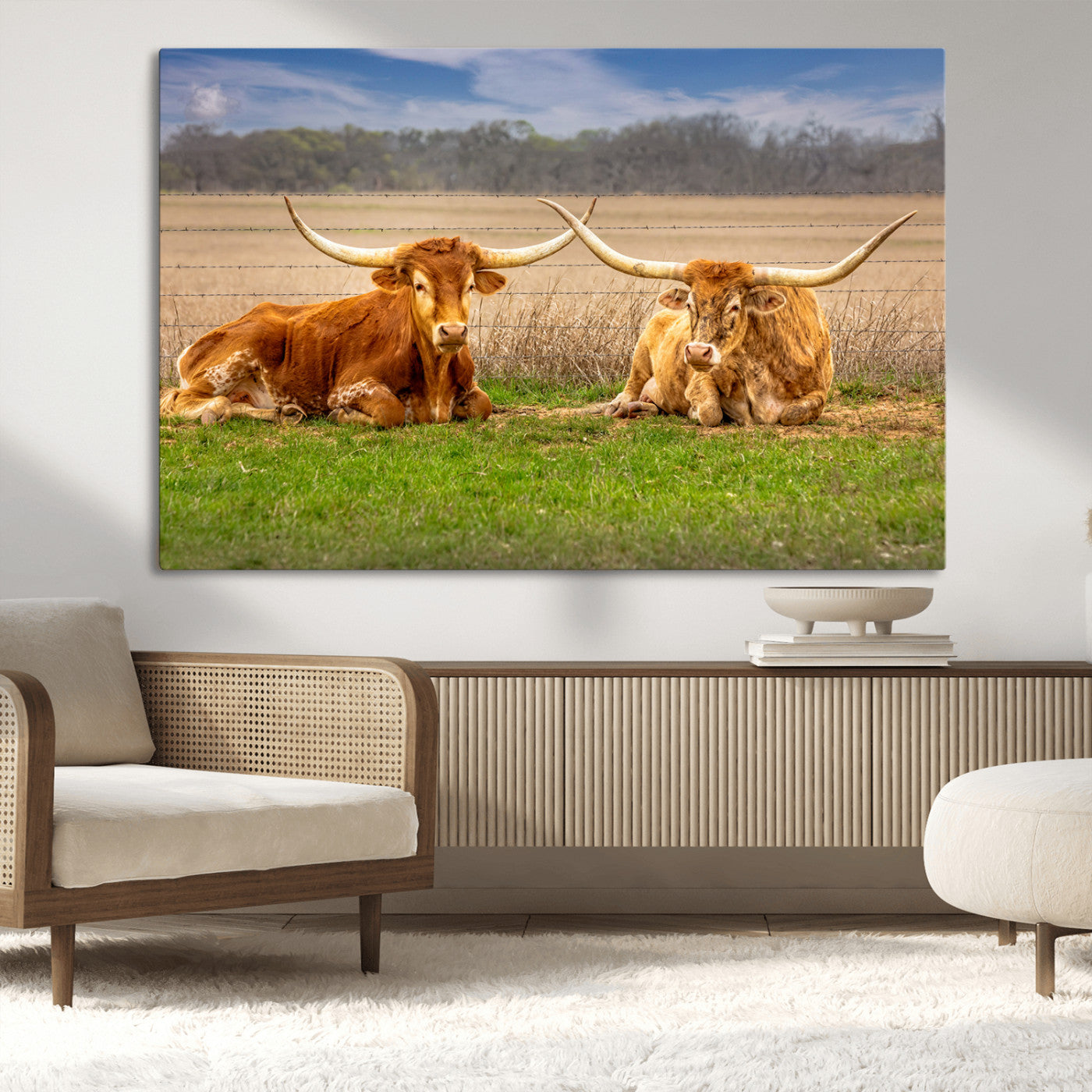 54598515-MGV-CV-36X24-Texas Longhorn Pair Wall Art Canvas Print – Peaceful Rustic Ranch Scene with Two Cattle in Field, Perfect for Western Farmhouse Home Decor