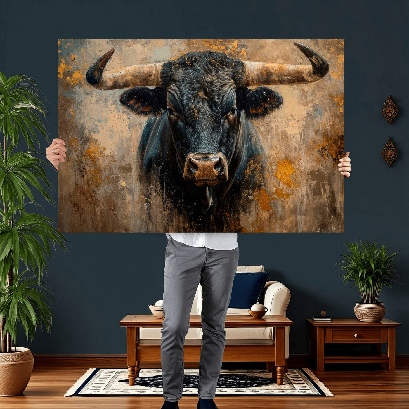 91615410-MGV-CV-36X24 - Abstract Texas Longhorn Bull Wall Art – Rustic Farmhouse Canvas Print, Western Cabin Style Decor, Large Animal Artwork for Living Room or Office
