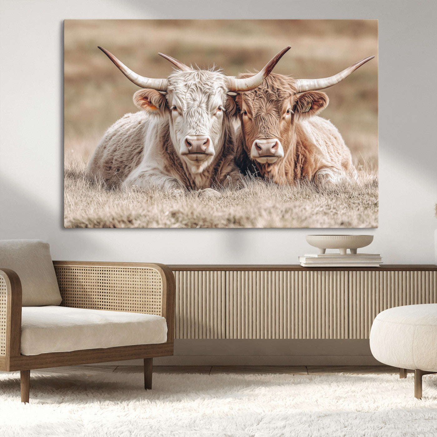 Two Highland cows with long horns lying side by side on a grassy field, featuring soft natural tones and a calm rural setting.