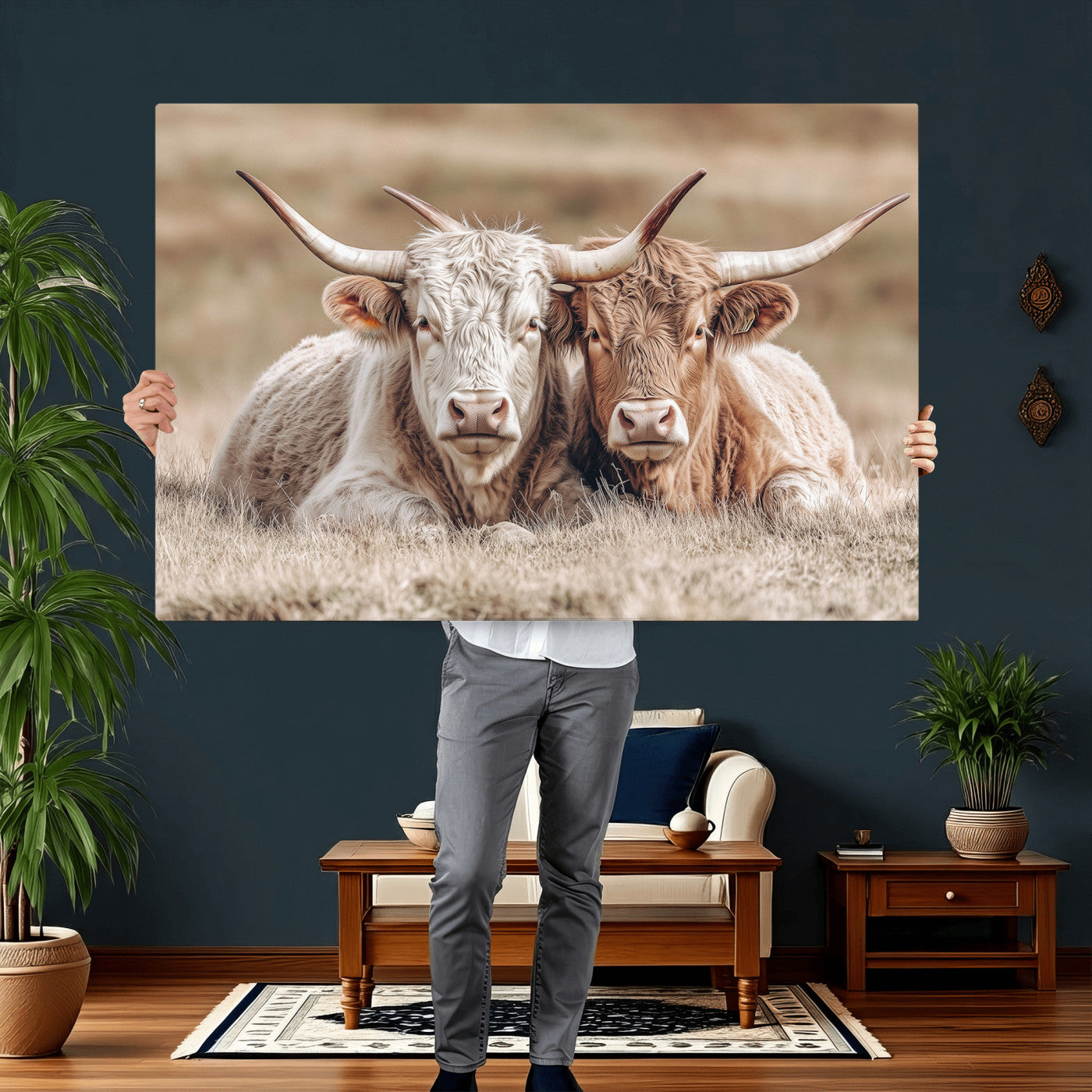 38651722-MGV-CV-36X24 - Highland Cows Meadow Canvas Wall Art – Peaceful Cow Photography Print, Rustic Farmhouse Animal Decor for Country Home, Living Room, Office