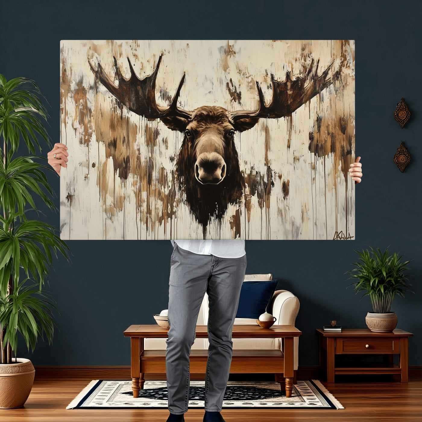 34496536-MGV-CV-36X24 - Powerful Moose Portrait Wall Art – Rich Earthy Tones, Expressive Brushstrokes, Striking Gaze, Raw Nature Vibes Decor for Home or Office