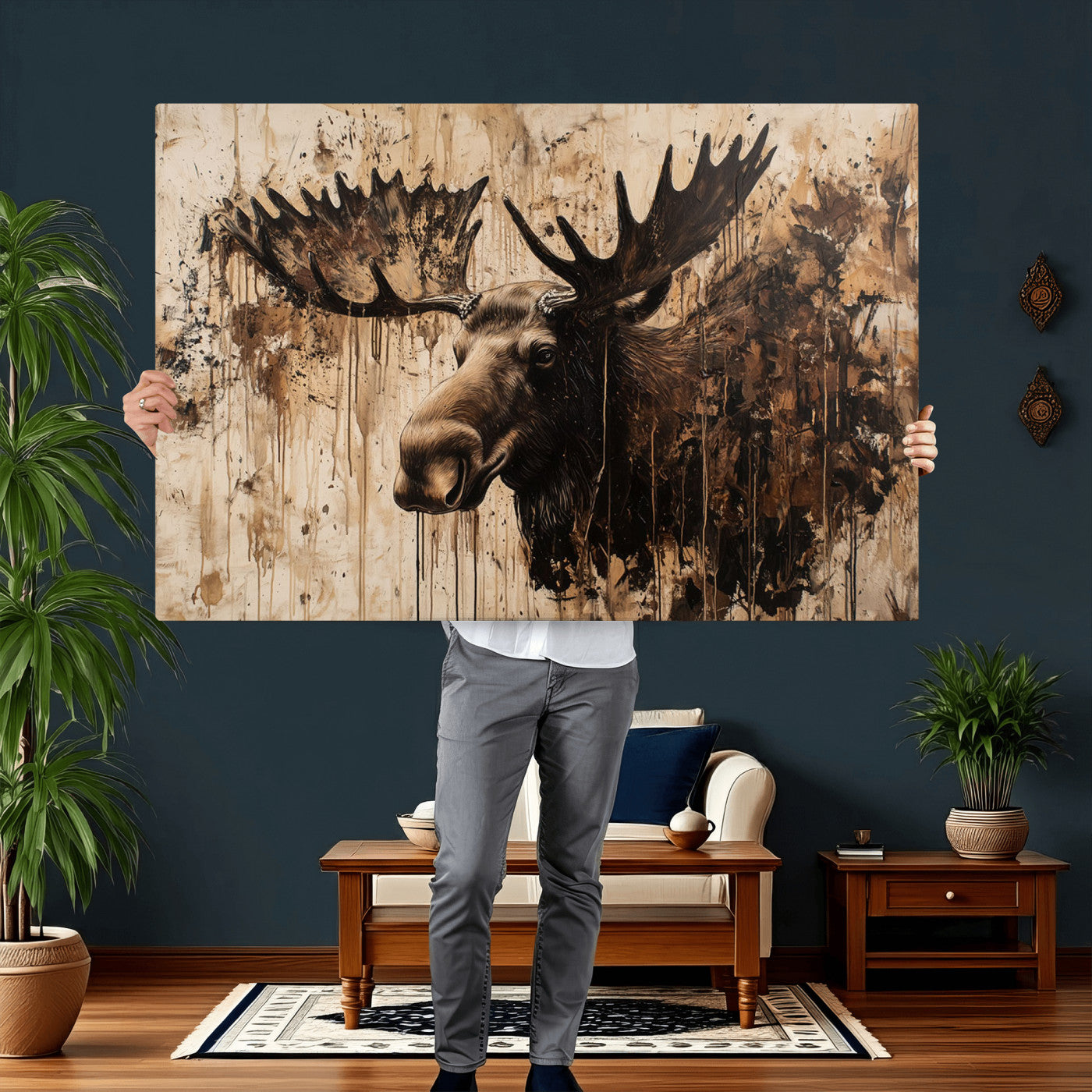 83505059-MGV-CV-36X24 - Moose Canvas Wall Art — Rustic Wildlife Painting Print | Cabin Lodge Decor | Large Animal Wall Art | Moose Gift for Him | Man Cave Art
