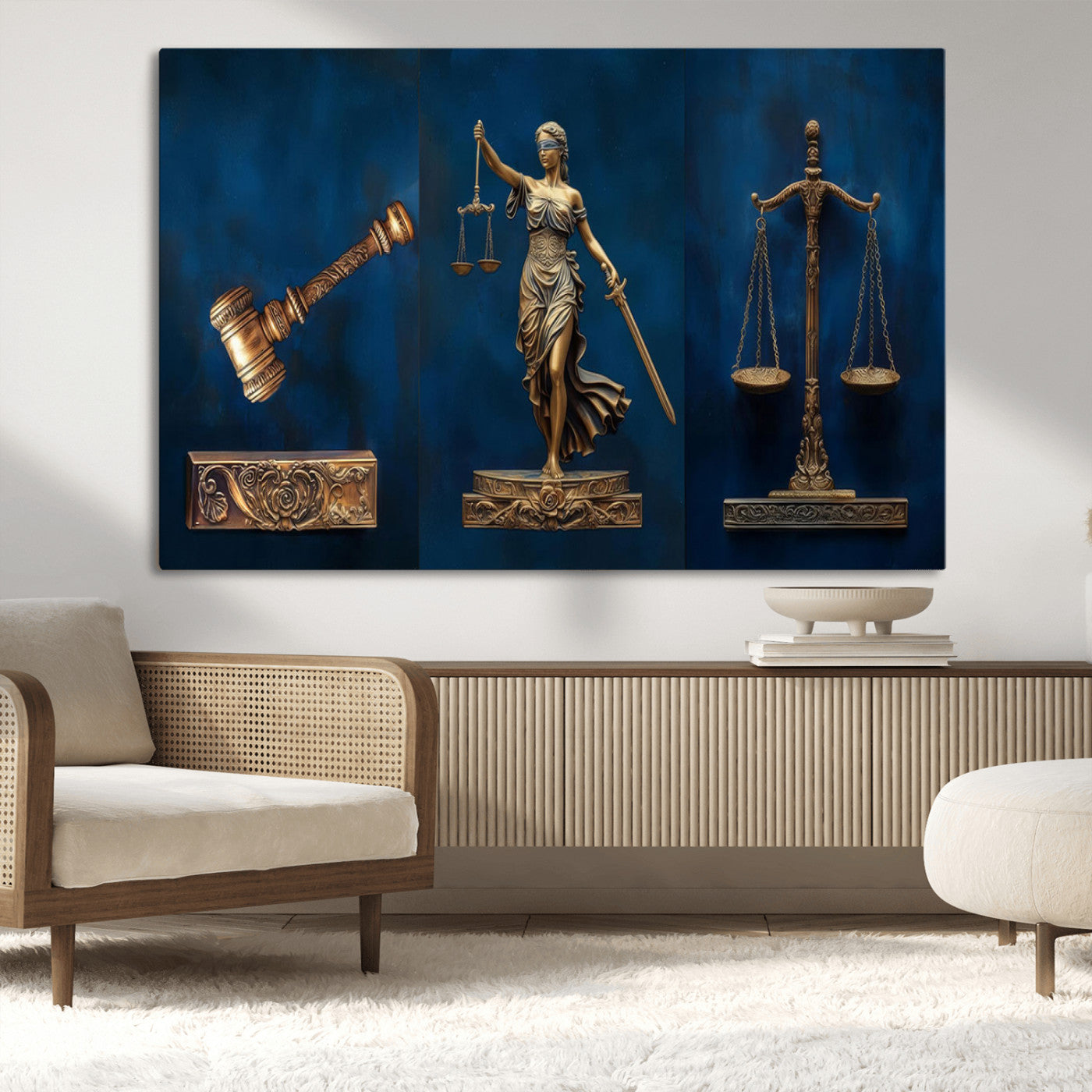 MGV-CV-36X24 - Lady Justice Wall Art Canvas Print – Elegant Gold Legal Symbols on Blue Background, Perfect for Law