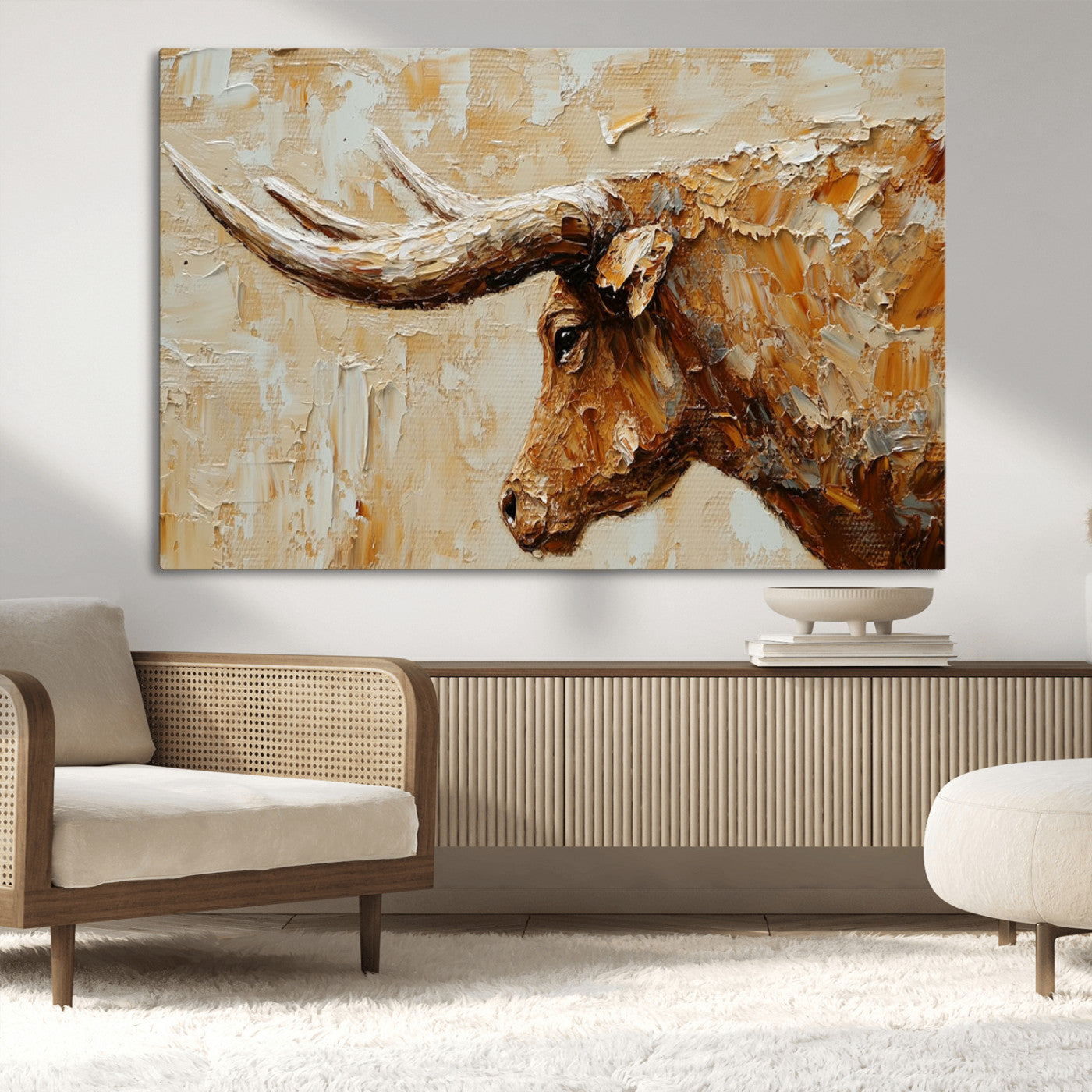 Rustic Longhorn Bull Wall Art Canvas Print – Vintage Western Cattle Painting, Texas Steer Artwork for Ranch, Farmhouse or Cowboy Decor
