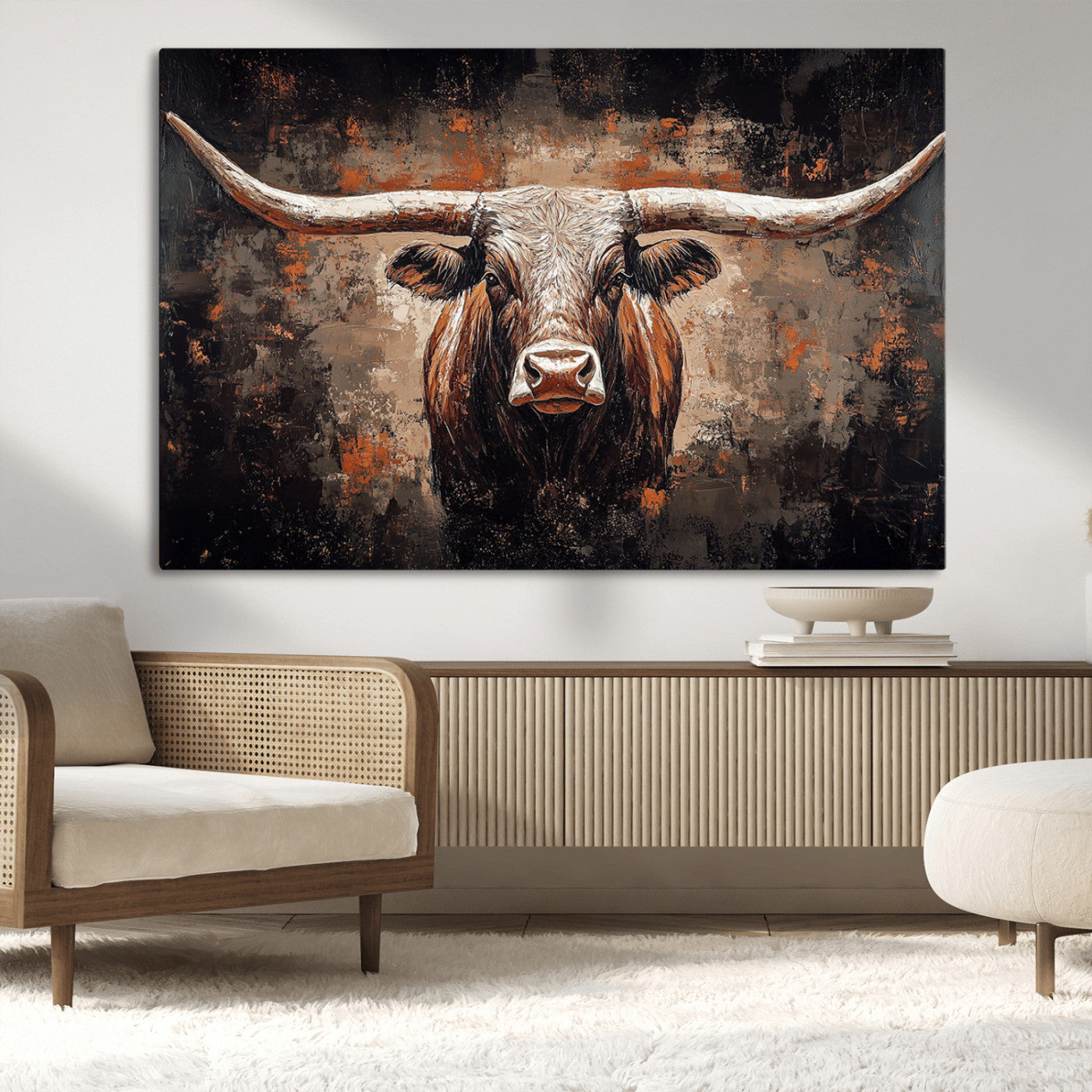Rustic Longhorn Bull Wall Art Canvas Print – Vintage Western Cattle Painting, Texas Steer Artwork for Ranch, Farmhouse or Cowboy Decor