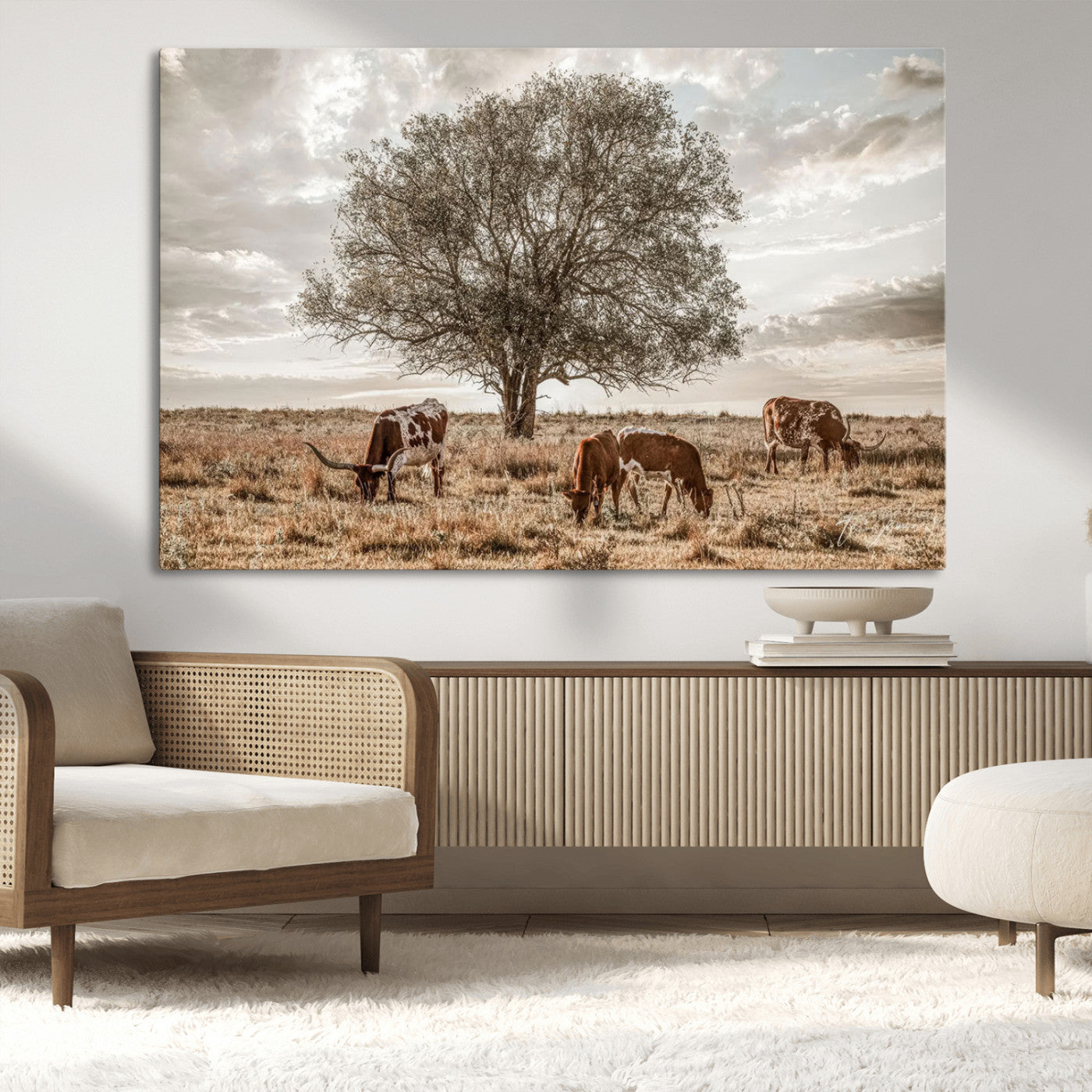 Texas Longhorn Cattle Wall Art Canvas Print – Rustic Western Ranch Scene with Steers at Sunset, Perfect for Farmhouse or Cowboy Decor