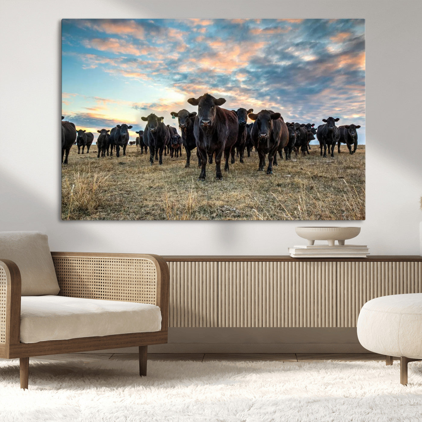 13867292-MGV-CV-36X24-Texas Longhorn Cattle Wall Art Canvas Print – Rustic Western Ranch Scene with Steers at Sunset, Perfect for Farmhouse or Cowboy Decor
