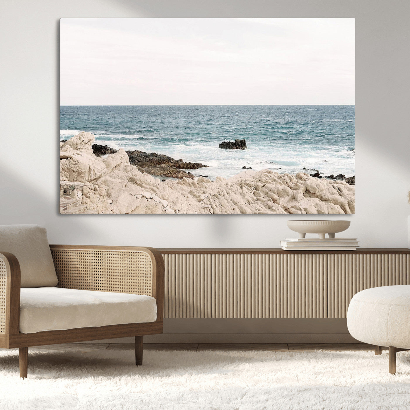 Coastal Ocean View Wall Art Canvas Print – Serene Rocky Shoreline and Blue Sea Photography for Coastal Chic or Minimalist Home Decor