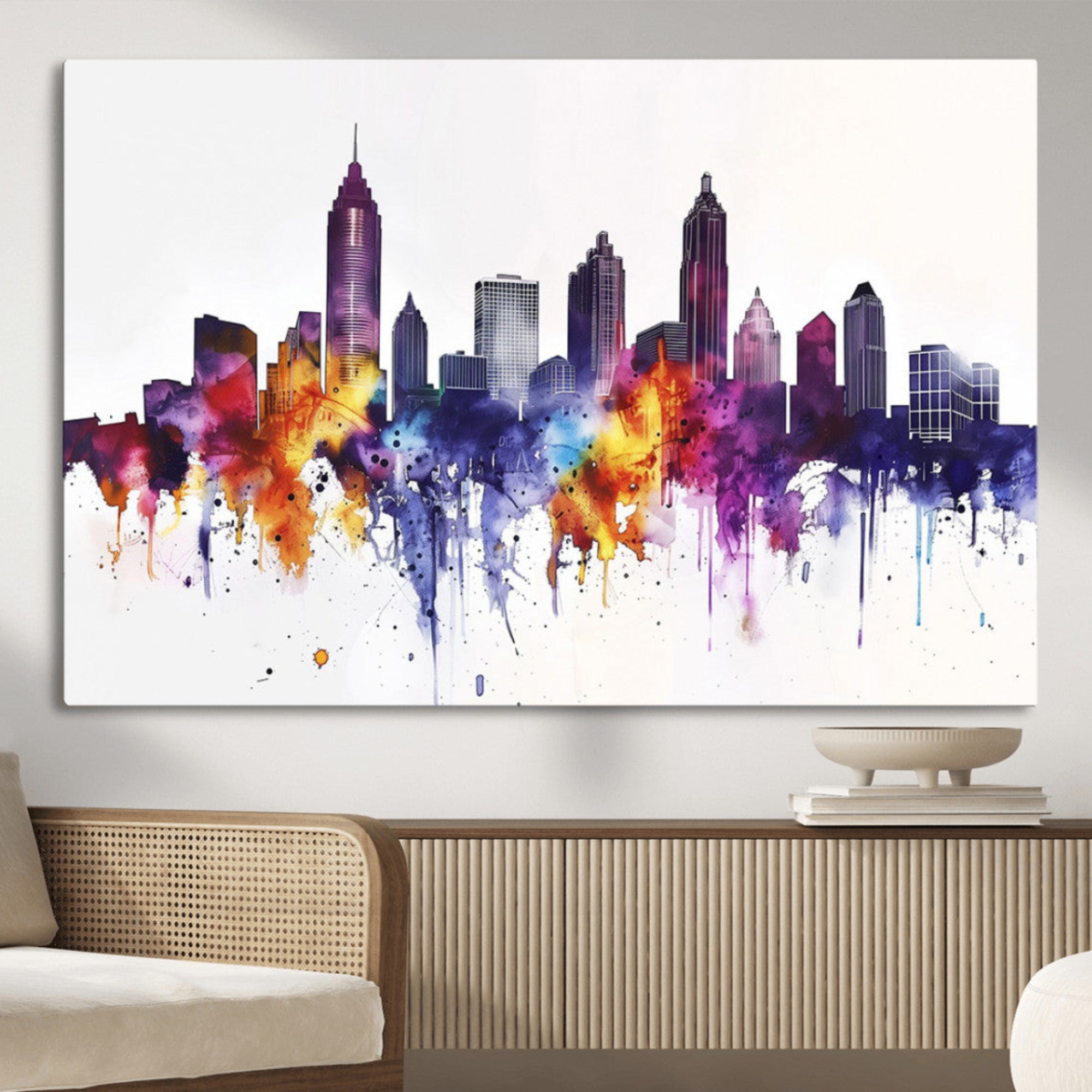 34479880-MGV-CV-36X24-Atlanta Skyline Wall Art Canvas Print – Framed Colorful Watercolor Cityscape Artwork for Home, Office, Living Room
