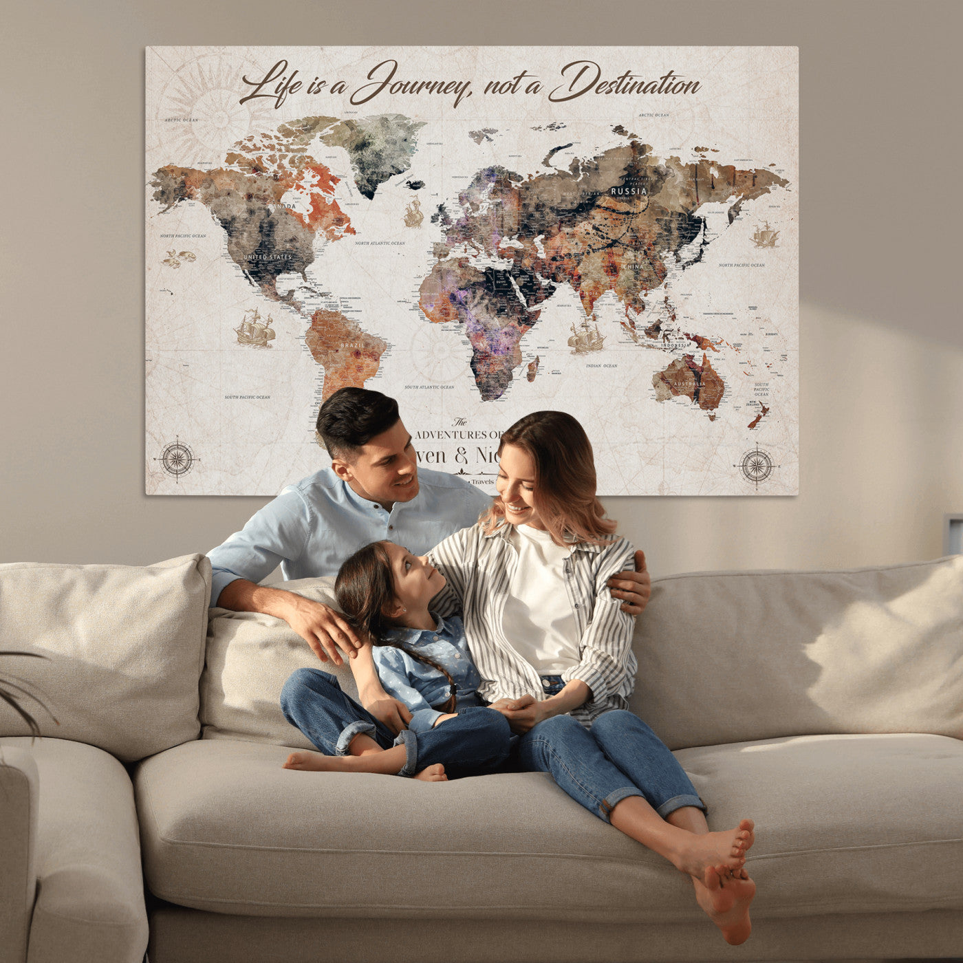 96000140-MGV-CV-36X24-Custom Push Pin World Map Wall Canvas Print – Personalized Travel Tracker with Pins – Framed Large Multi-Size Canvas for Home Office Decor
