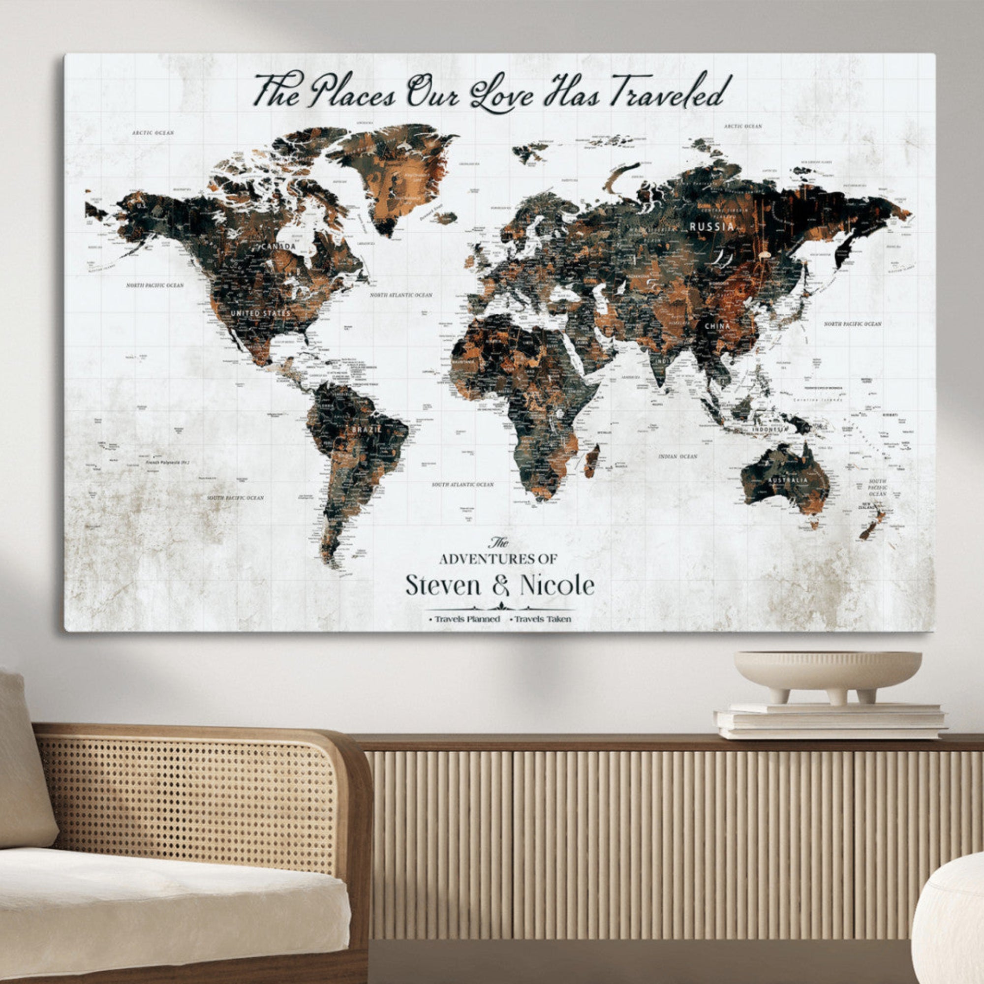 89231588-MGV-CV-36X24-Personalized Push Pin World Map Canvas – Custom Framed Travel Tracker Wall Art, Large Adventure Map with Pins for Home, Office