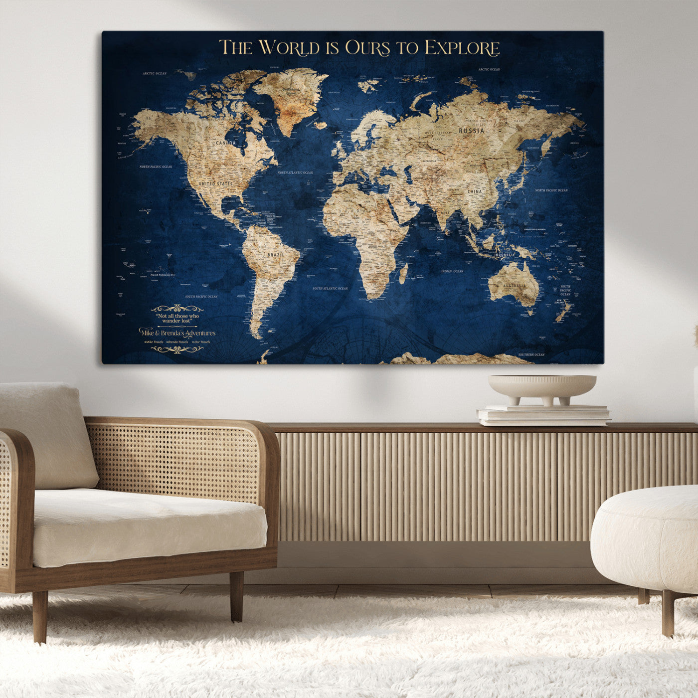 10181149-MGV-CV-36X24-Custom Push Pin World Map Wall Canvas Print – Personalized Travel Tracker with Pins – Framed Large
