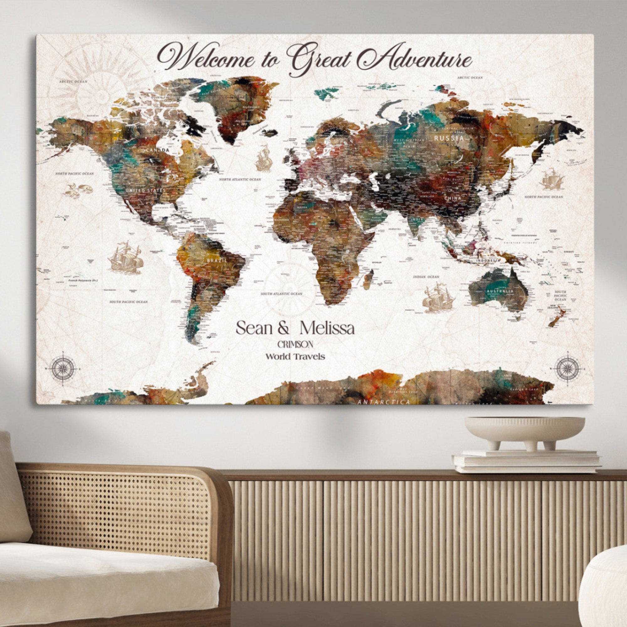 92462592-MGV-CV-36X24-Personalized World Map Canvas Custom Framed Push Pin Travel Tracker Vintage Adventure Wall Art Gift Couples Travelers Home, Office