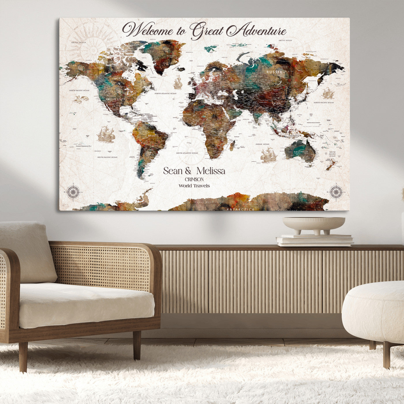 92462592-MGV-CV-36X24-Customize Push Pin World Map Wall Canvas Print – Personalizable Travel World Map with Pins – Framed Personalized Map Print for Couple Gift - H31