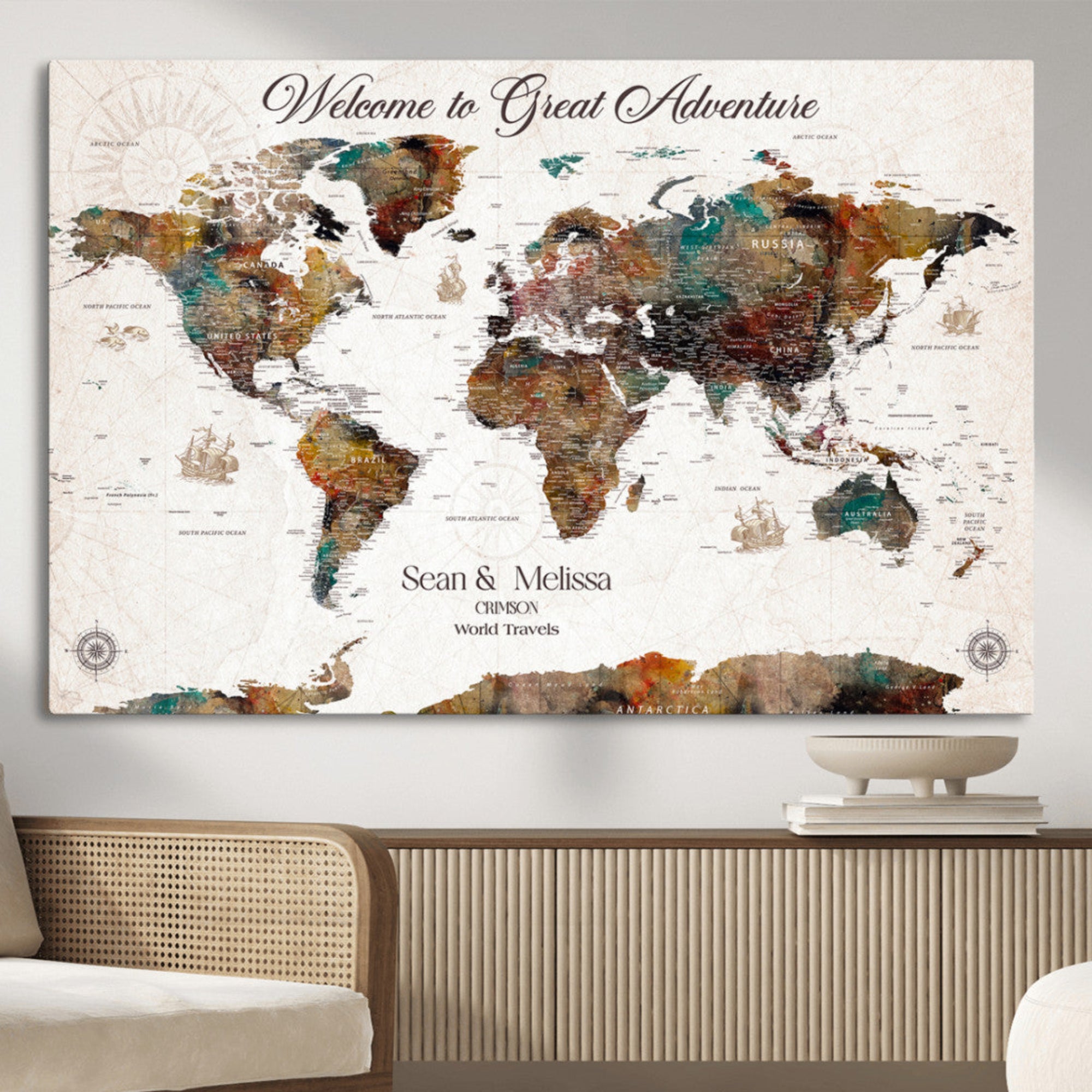 92462592-MGV-CV-36X24-Personalized World Map Canvas Custom Framed Push Pin Travel Tracker Vintage Adventure Wall Art Gift Couples Travelers Home, Office