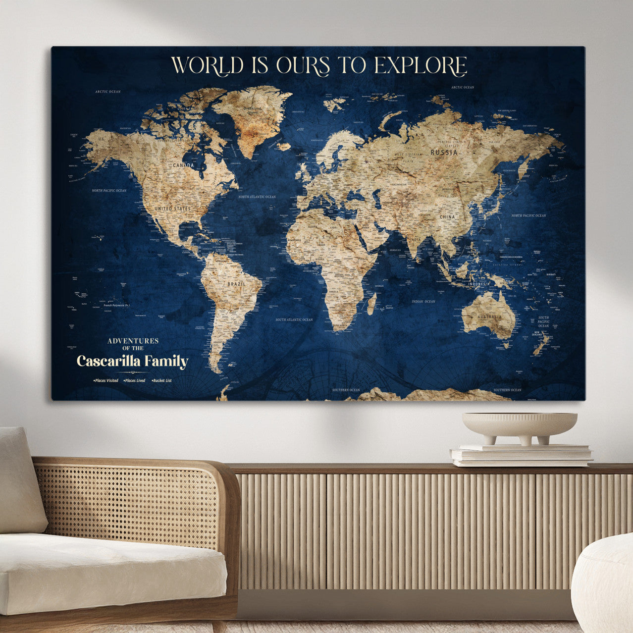 54782997-MGV-CV-36X24 - Personalized Push Pin World Map Canvas Print – Custom Travel Tracker Wall Art, Large World Map Decor for Home, Office