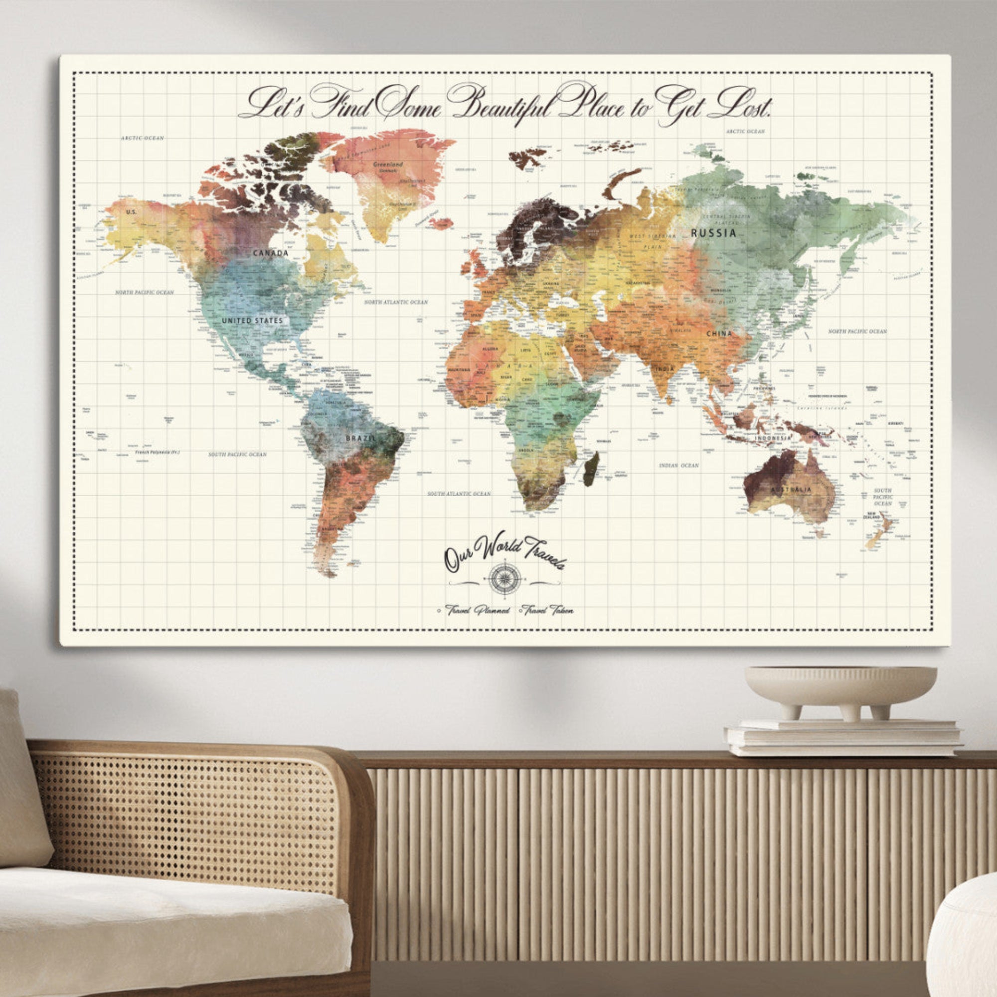 Rehber01-MGV-CV-36X24-Personalized Push Pin World Map Canvas Print – Custom Adventure Travel Tracker Map, Framed Wall Art Gift for Couples or Family